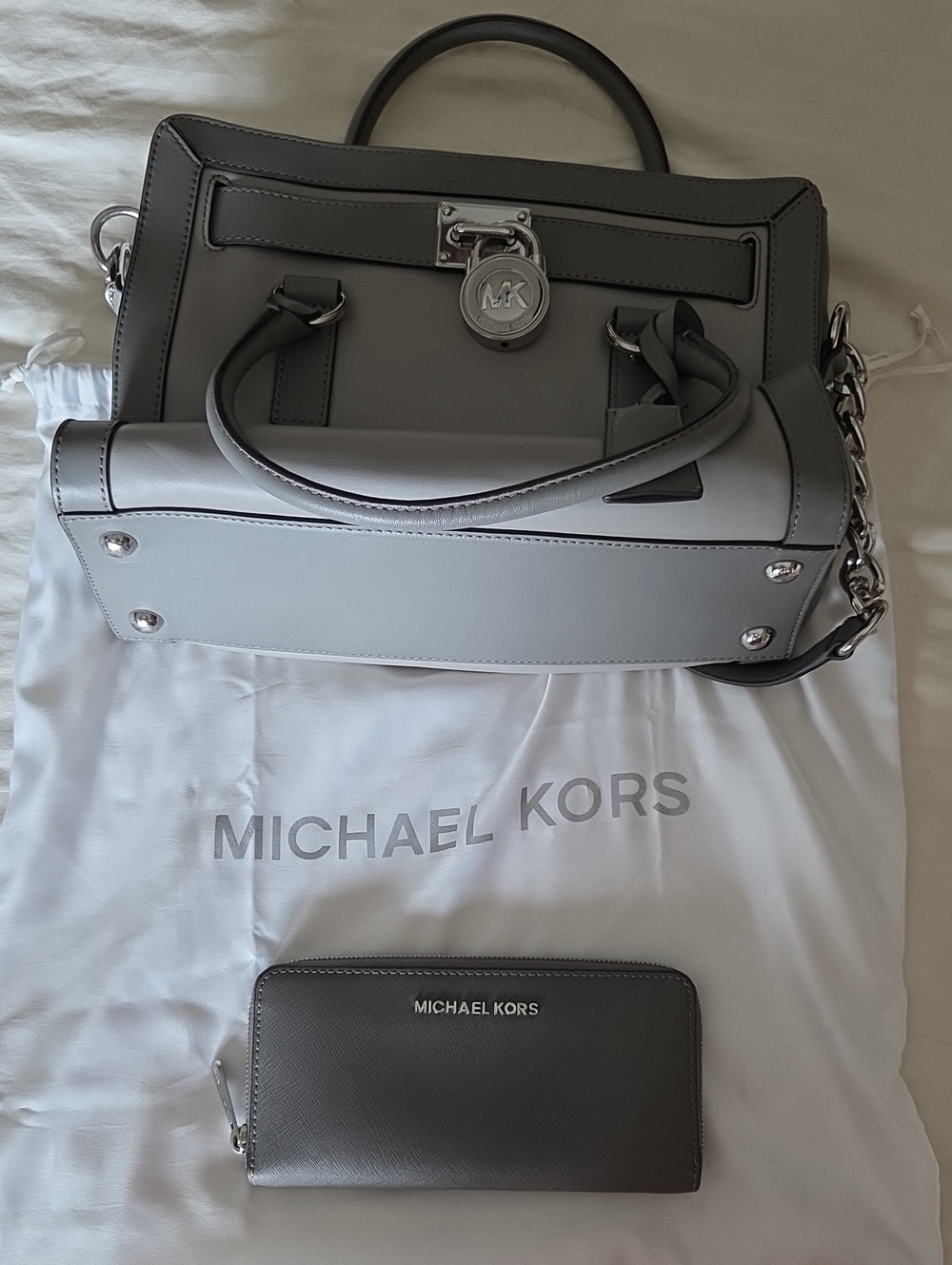 Michael Kors Gray Leather Satchel with Matching Gray Wallet